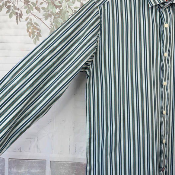Tallia Mens Green Blue Striped Collard Button Up Dress Up Shirt Medium M 15 1/2 - Picture 5 of 12